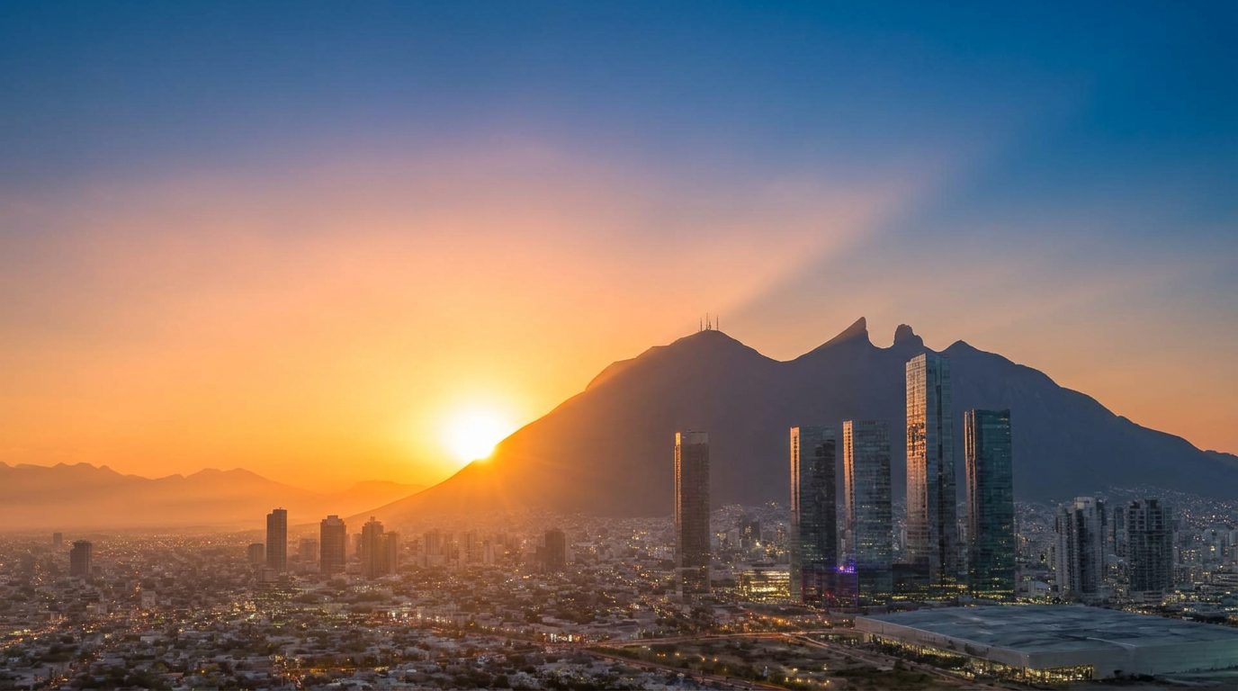 Skyline de Monterrey al atardecer con el Cerro de la Silla
